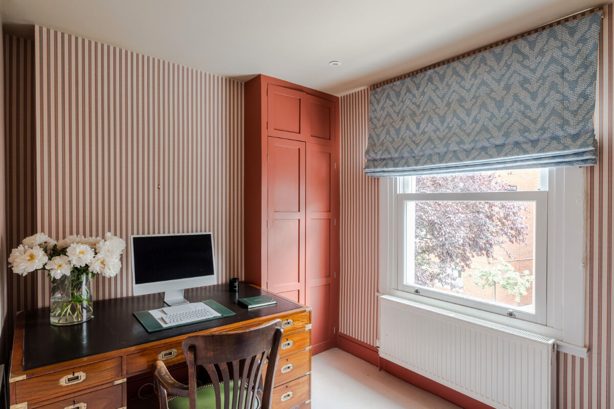 home office antique desk striped wallpaper