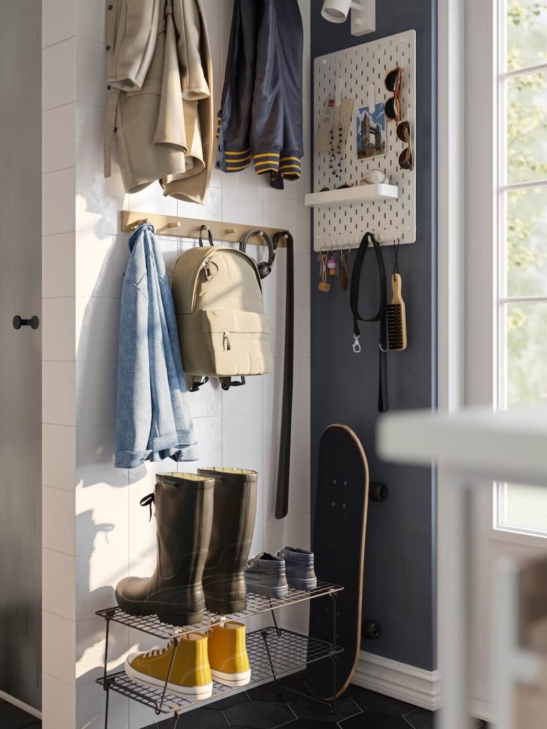 ikea entryway with shoe storage and peg board for small items nordroom