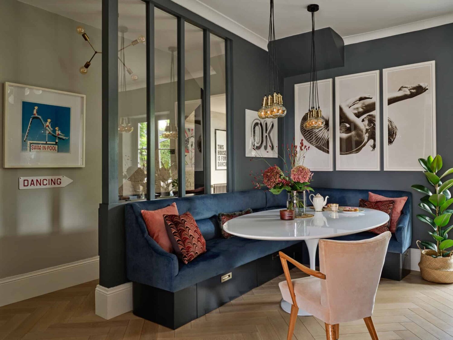 kitchen breakfast nook with velvet blue bench
