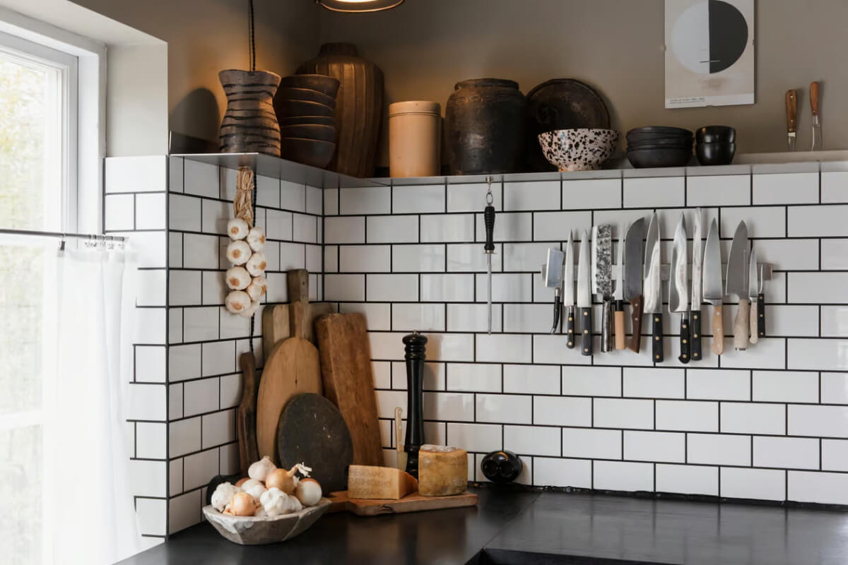 kitchen detail white tiles shelf