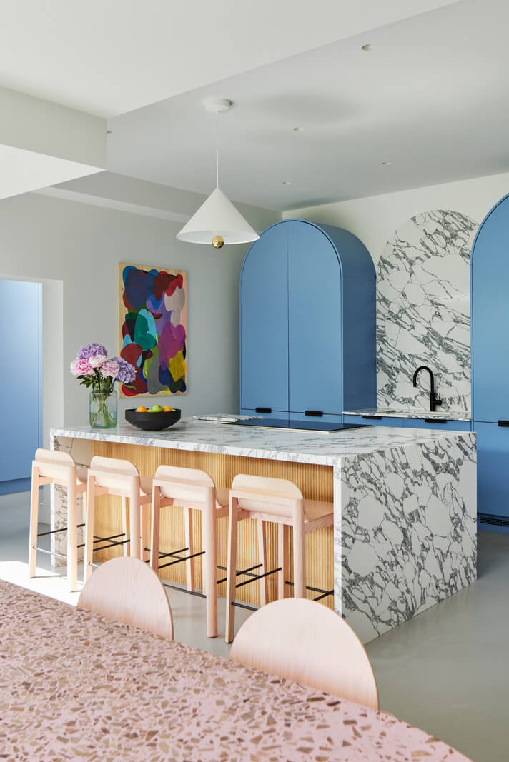 kitchen marble island pastel blue cabinets nordroom