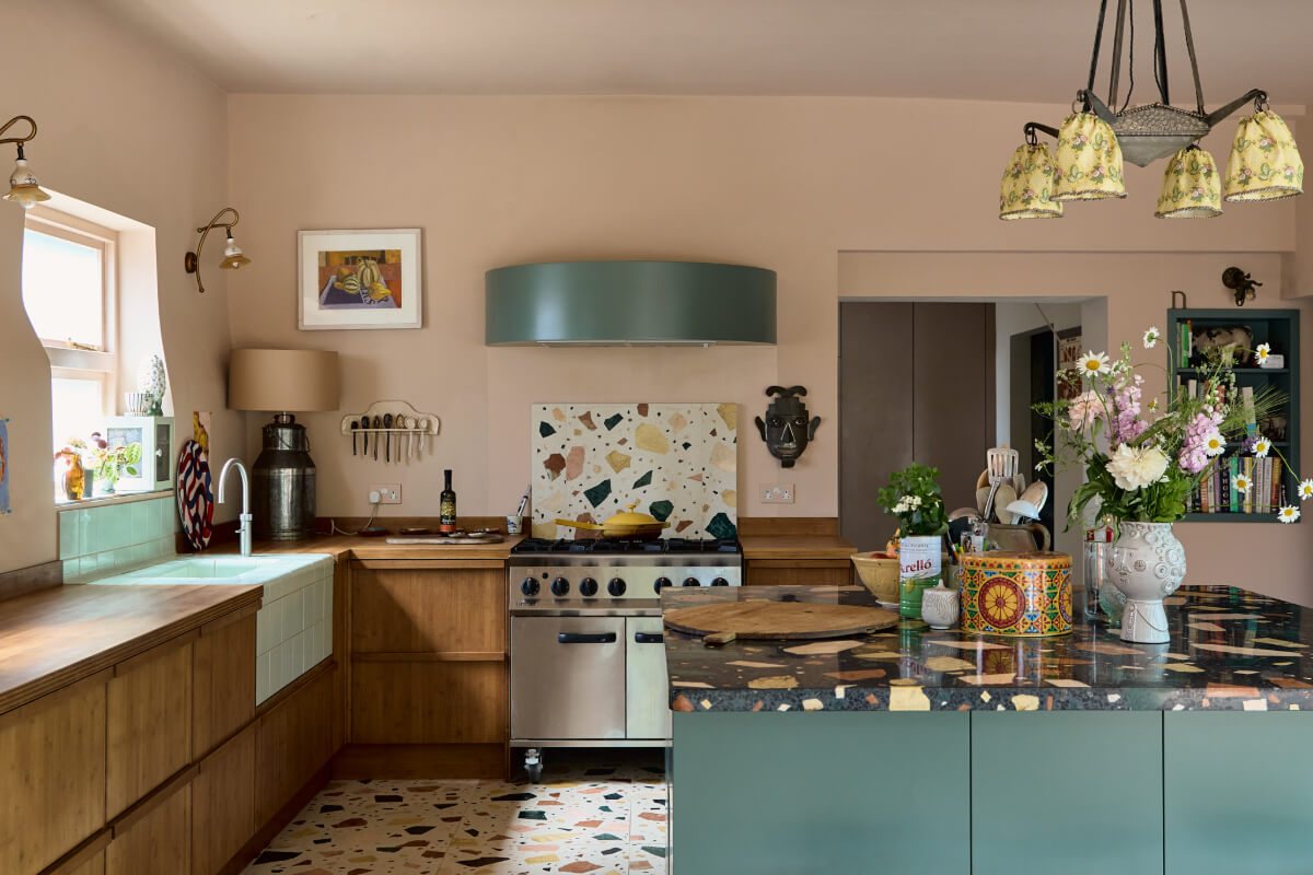 kitchen with island terrazzo tiles
