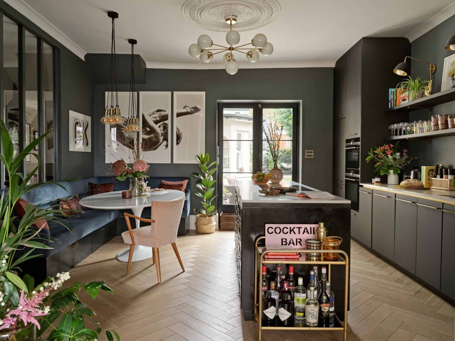 kitchen with velvet blue breakfast bench