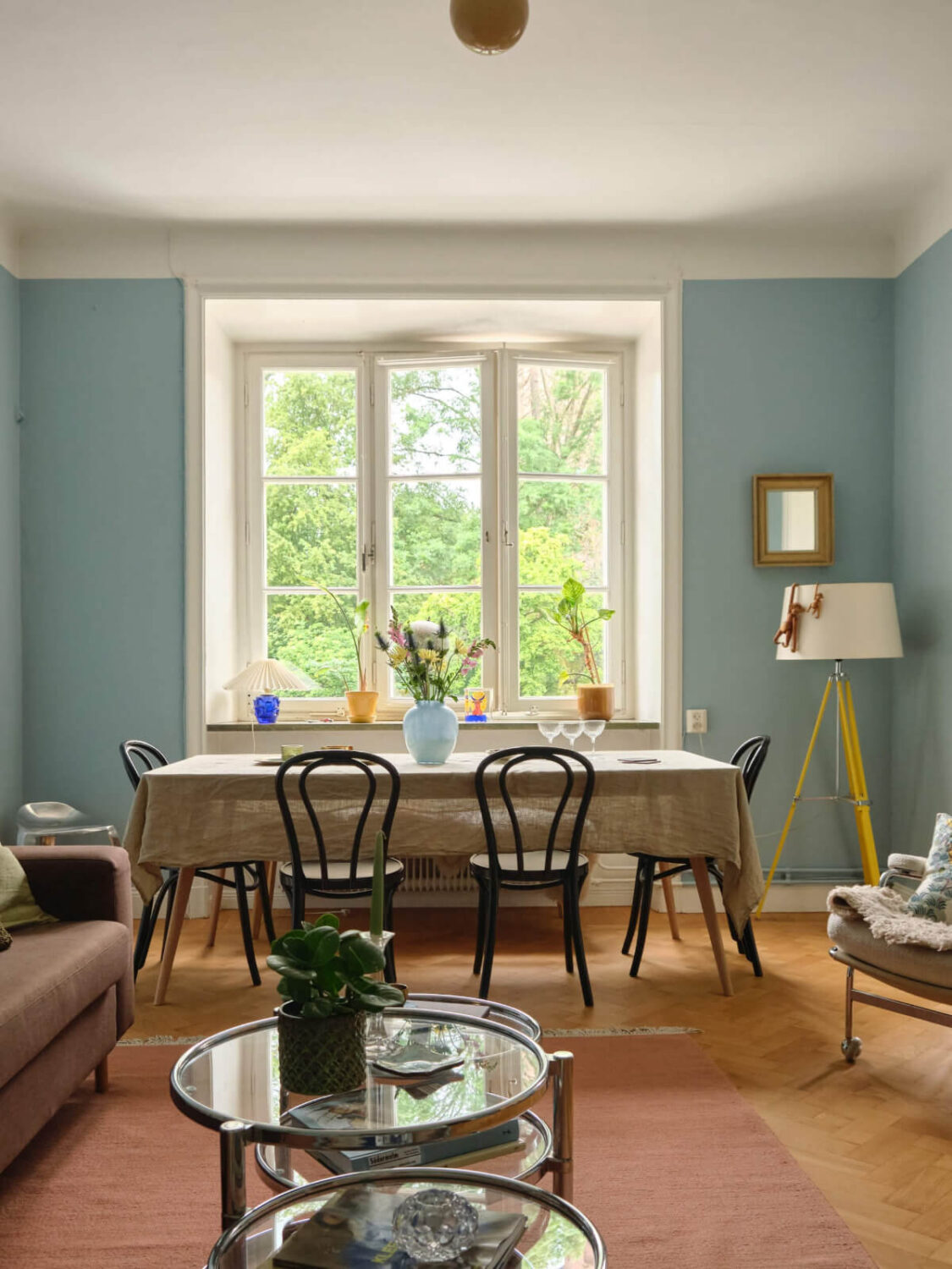 large dining table blue living room