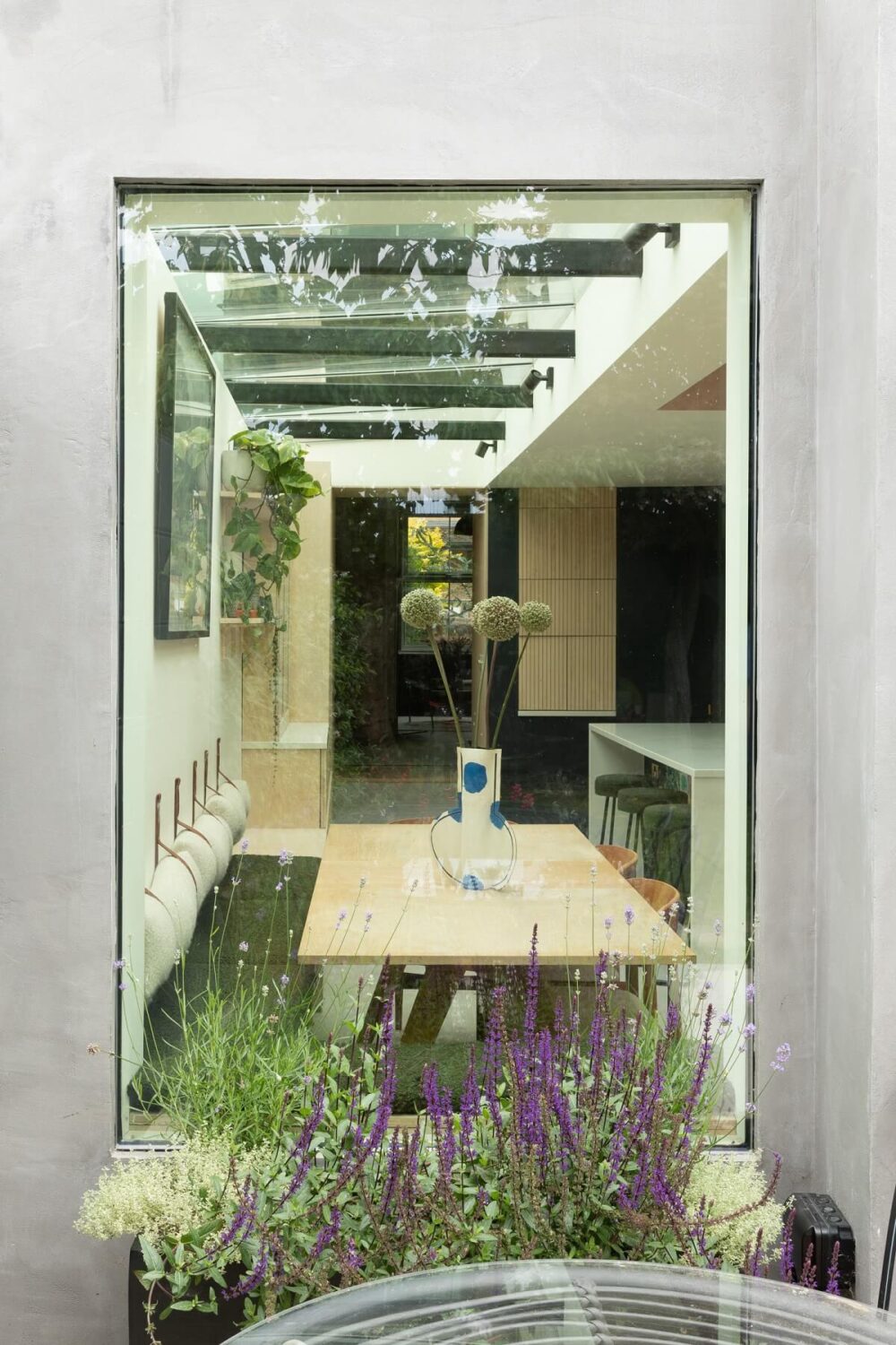 large window with kitchen dining table