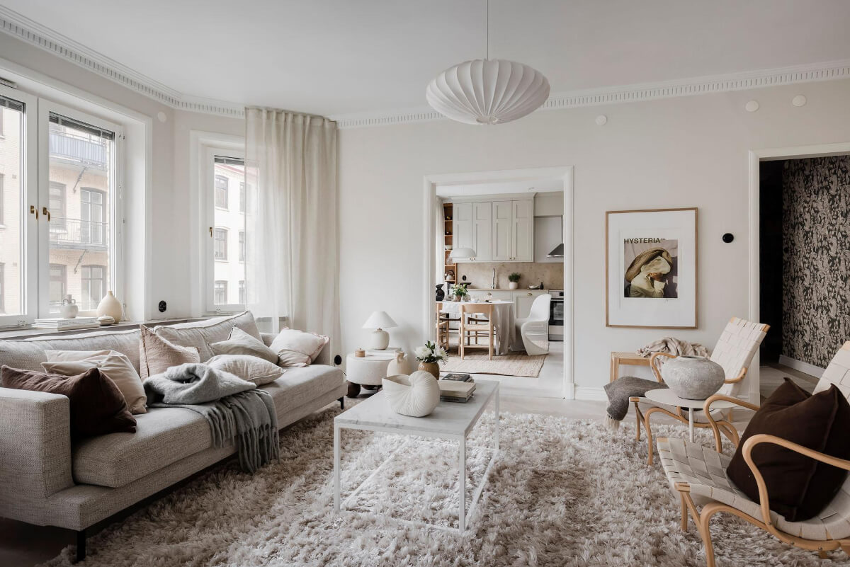 light apartment large rug kitchen
