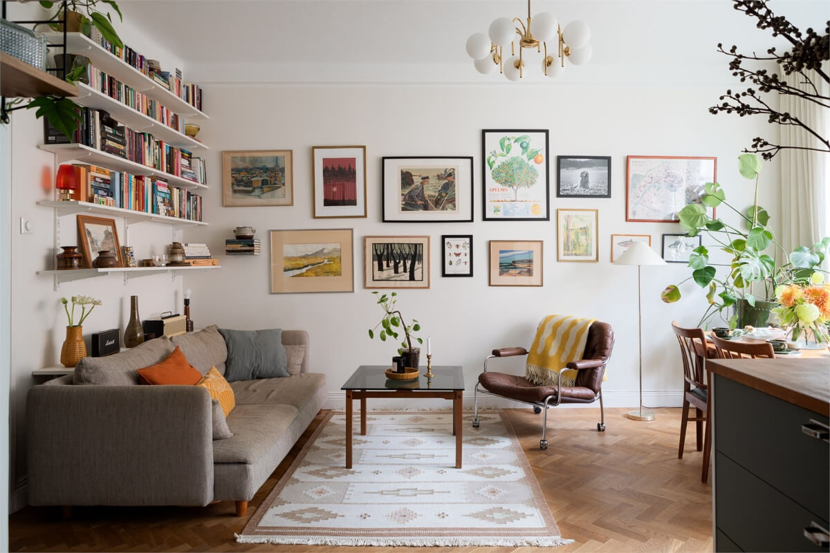 living room gallery wall bookshelves