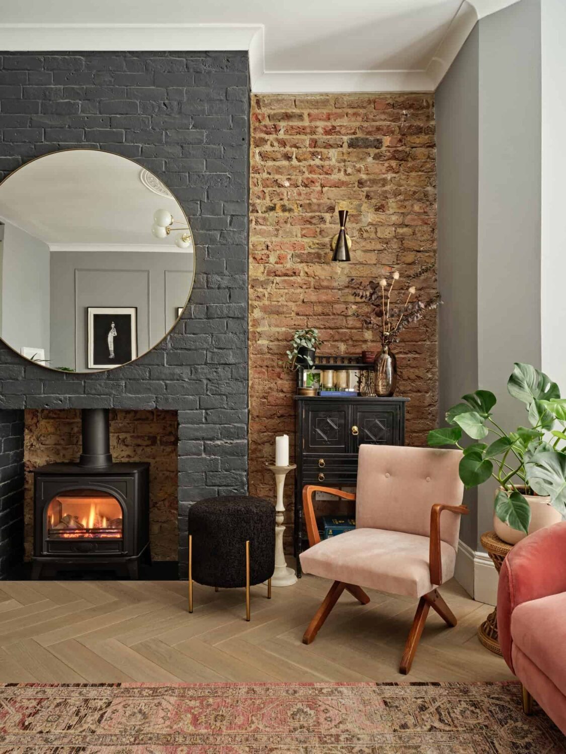 living room with exposed brick wall