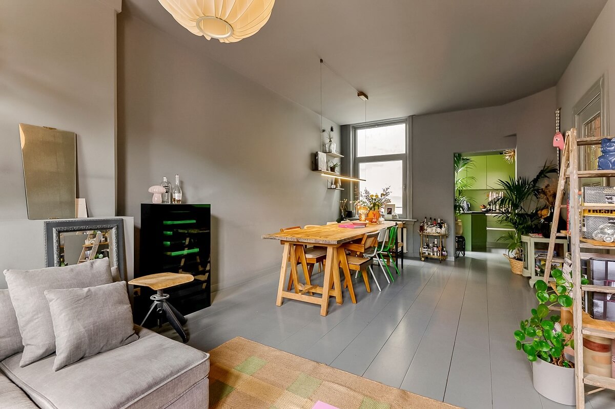 living room with gray walls ceiling and floor