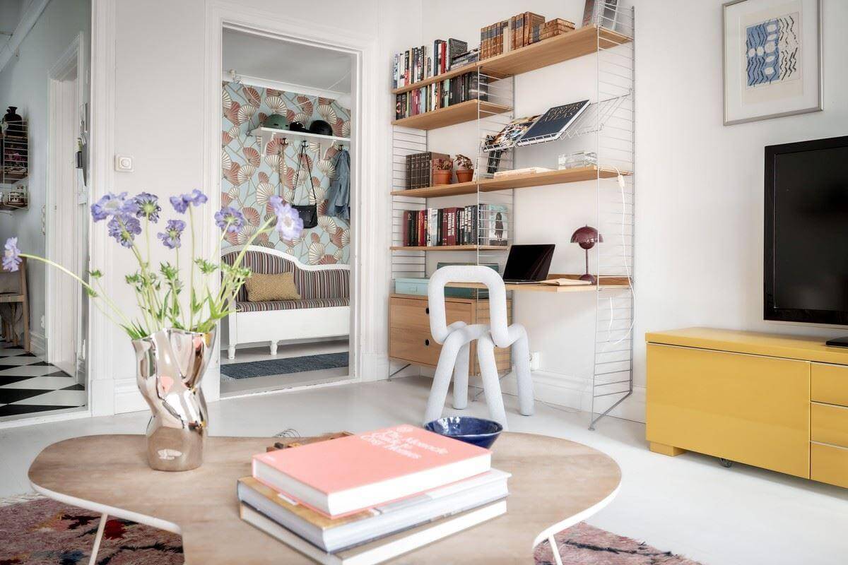 living room with string shelves