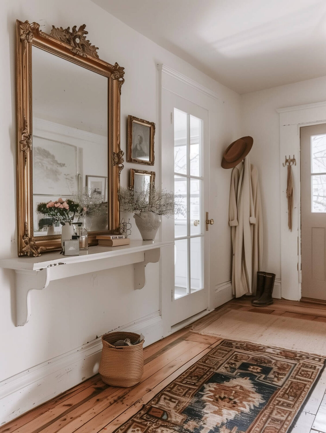 modern farmstyle hallway with gilded mirror and floating shelf nordroom