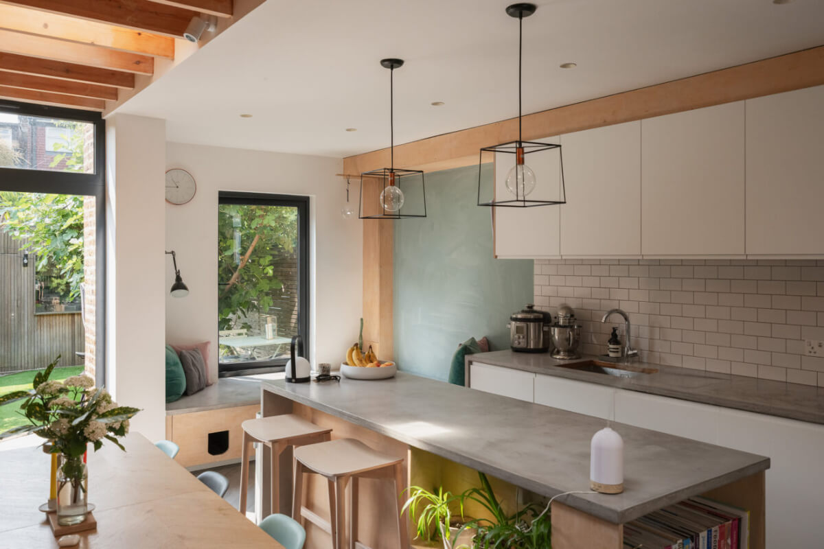 modern kitchen white cabinets concrete worktop kitchen island