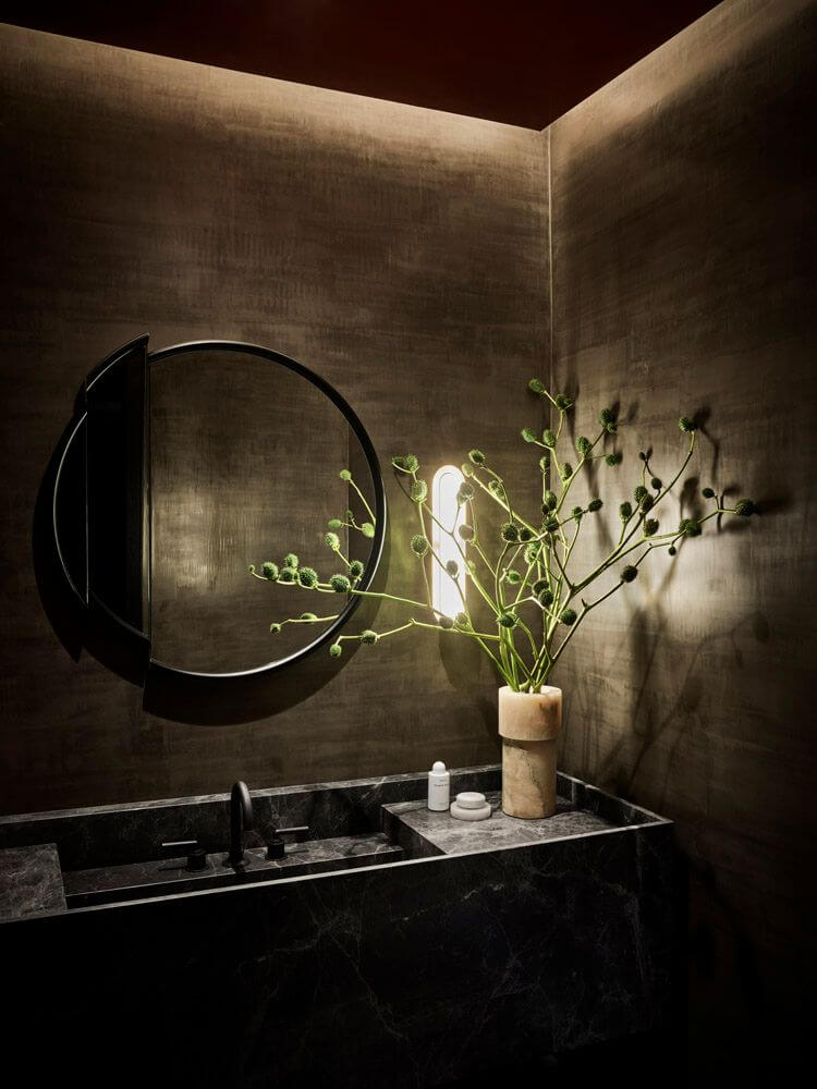 moody powder room round mirror penthouse trevor noah nordroom Moody, not Gloomy! Beautiful Dark Small Bathrooms