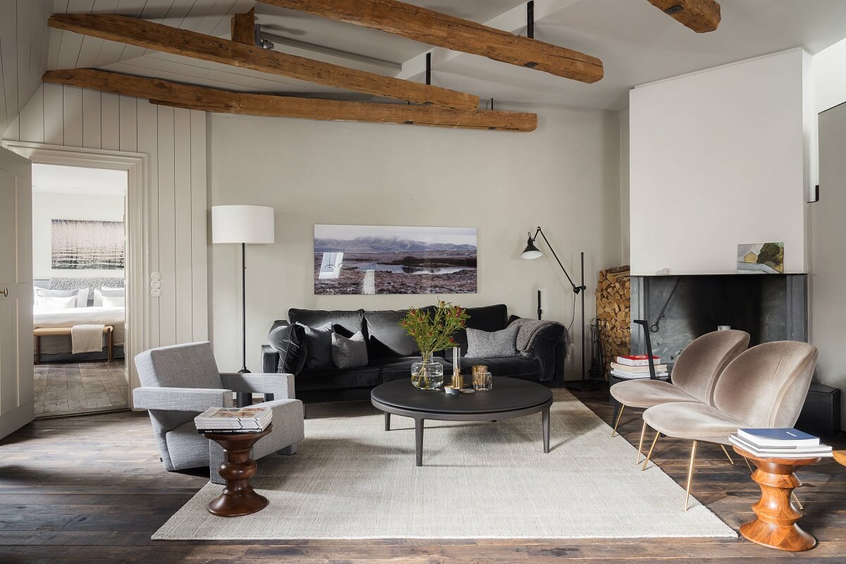 nordic living room wooden beams penthouse