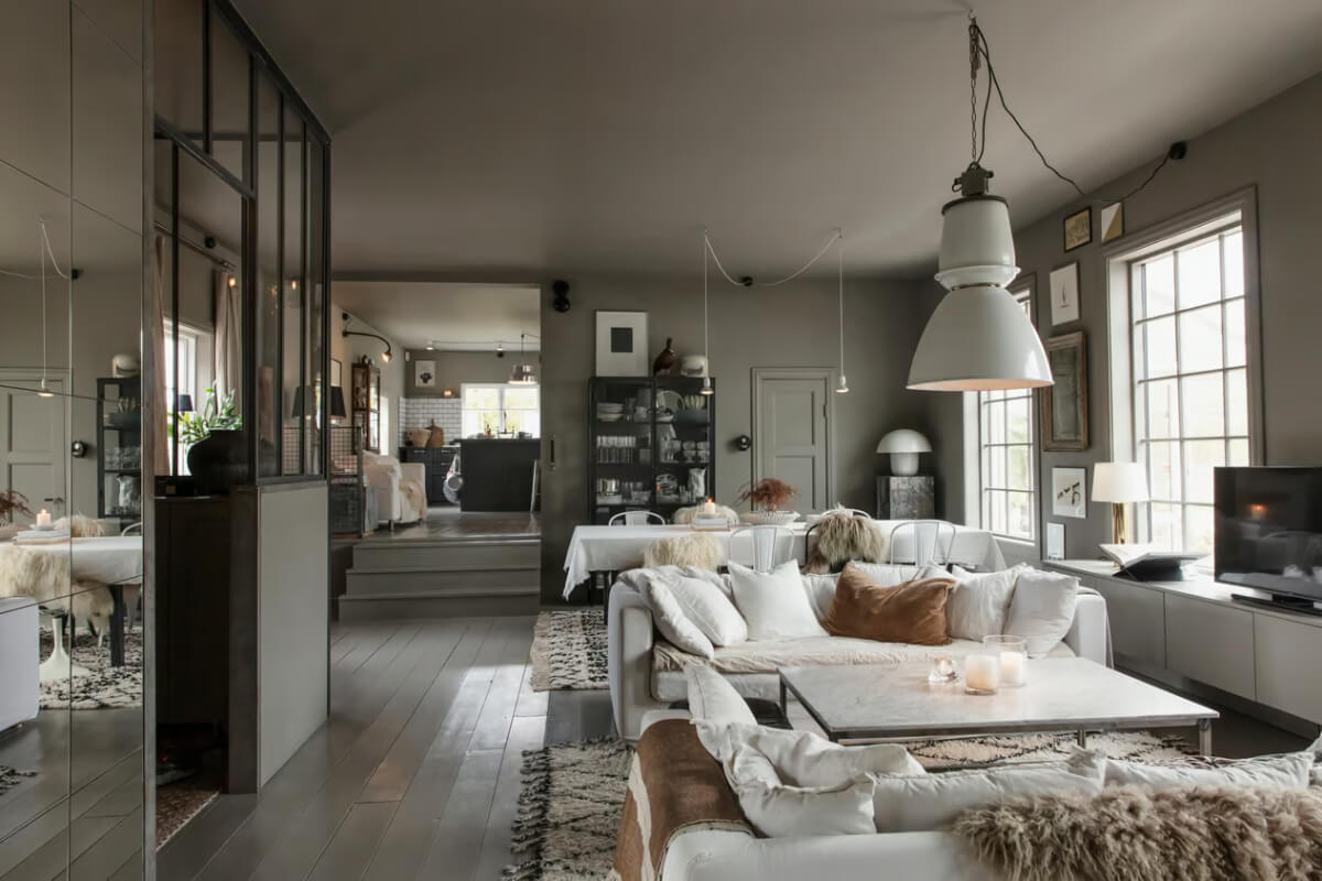 open plan gray living space