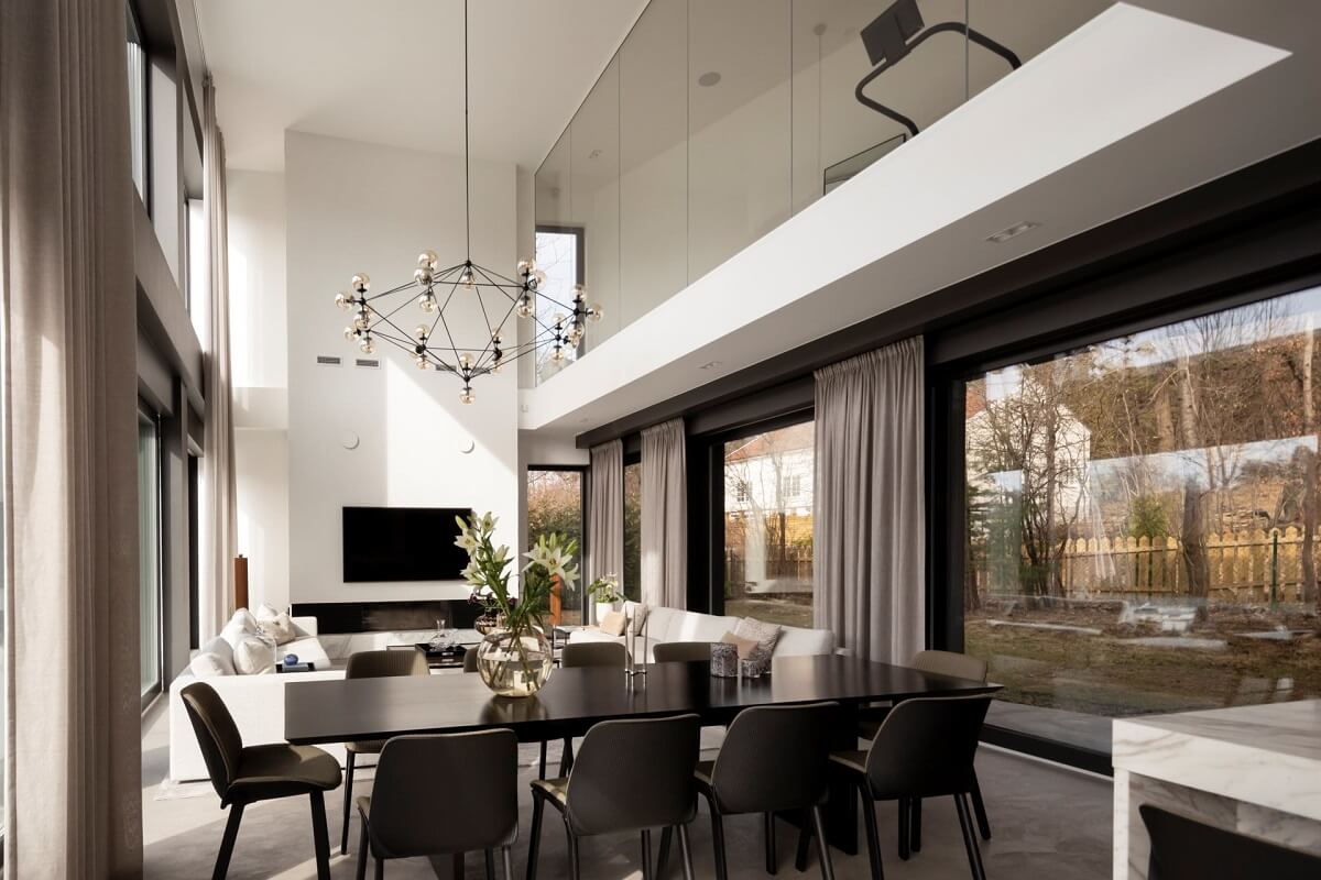 open plan living space with double height ceiling