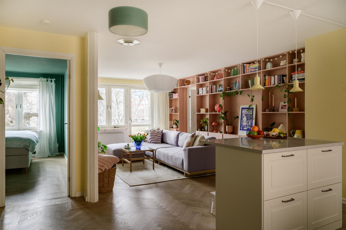 pastel colored living room bookcases