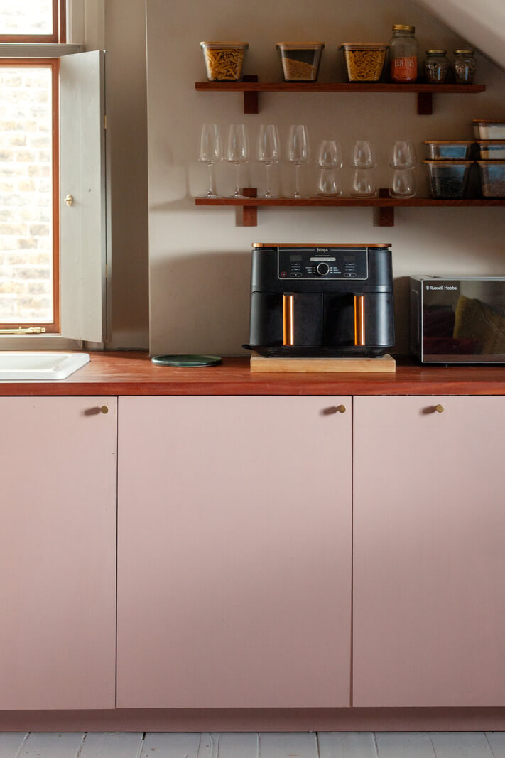 pastel pink kitchen cupboards