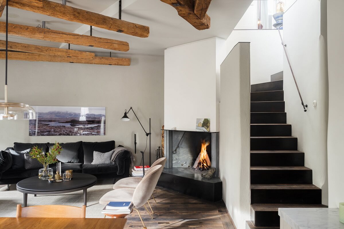 penthouse living room wooden beams