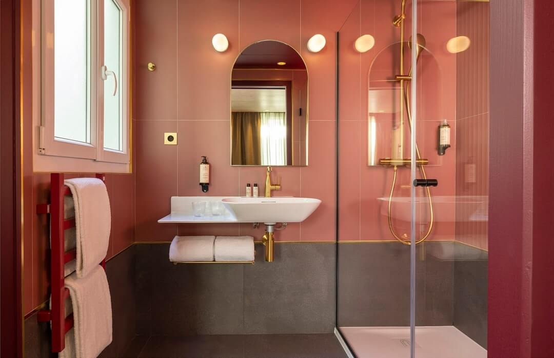 pink bathroom brass fittings hotel jardin de cluny Top Boutique & Design Hotels in the Latin Quarter of Paris