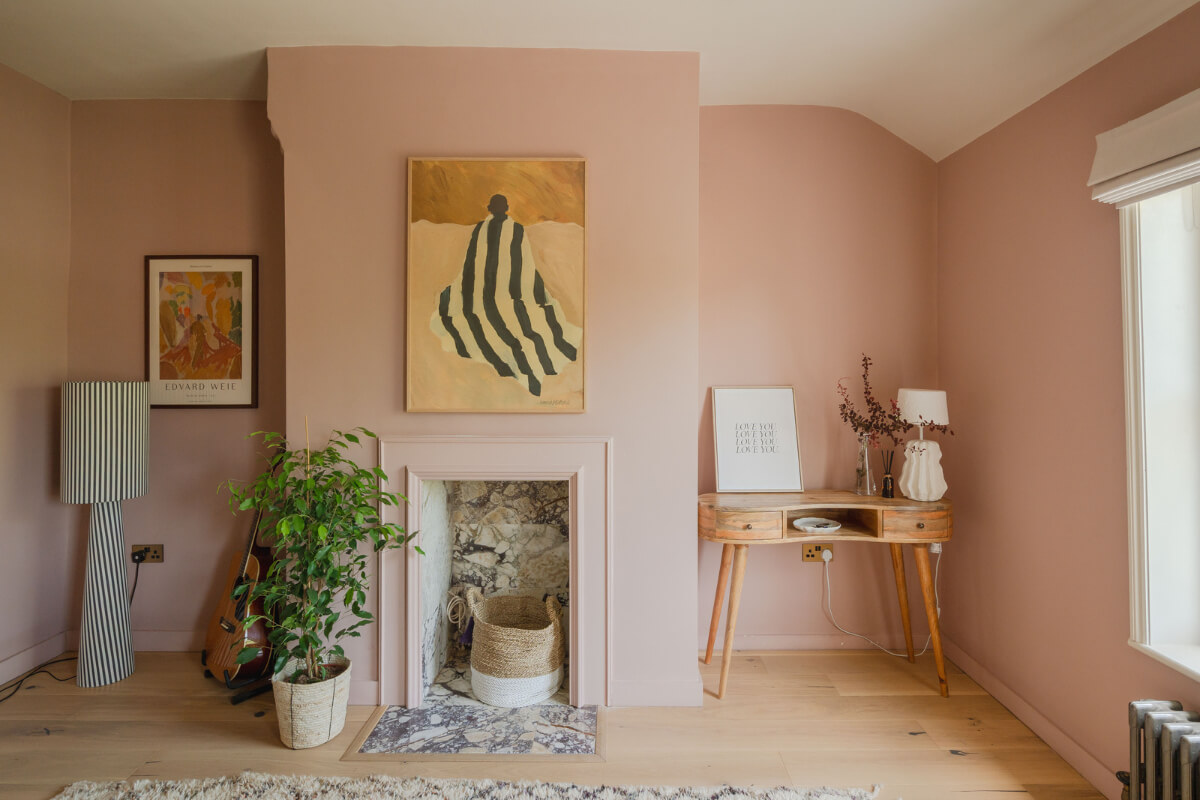 pink bedroom marble fireplace