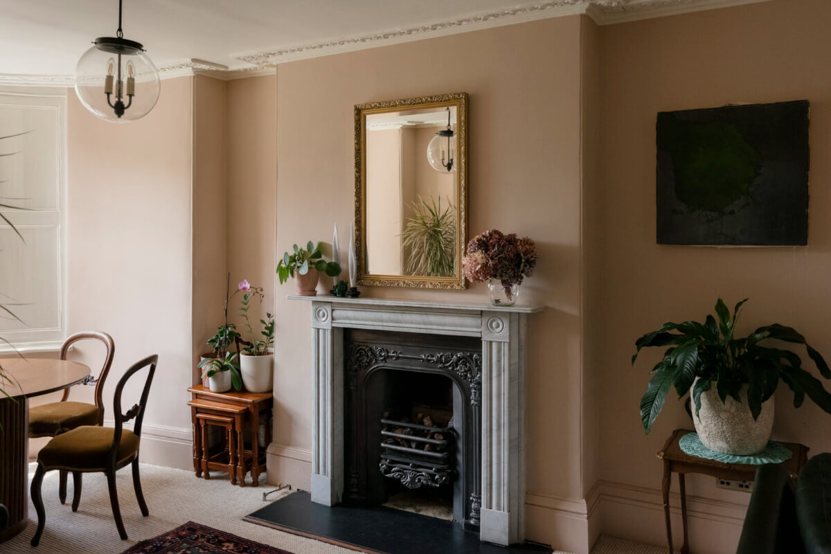 pink dining room fireplace
