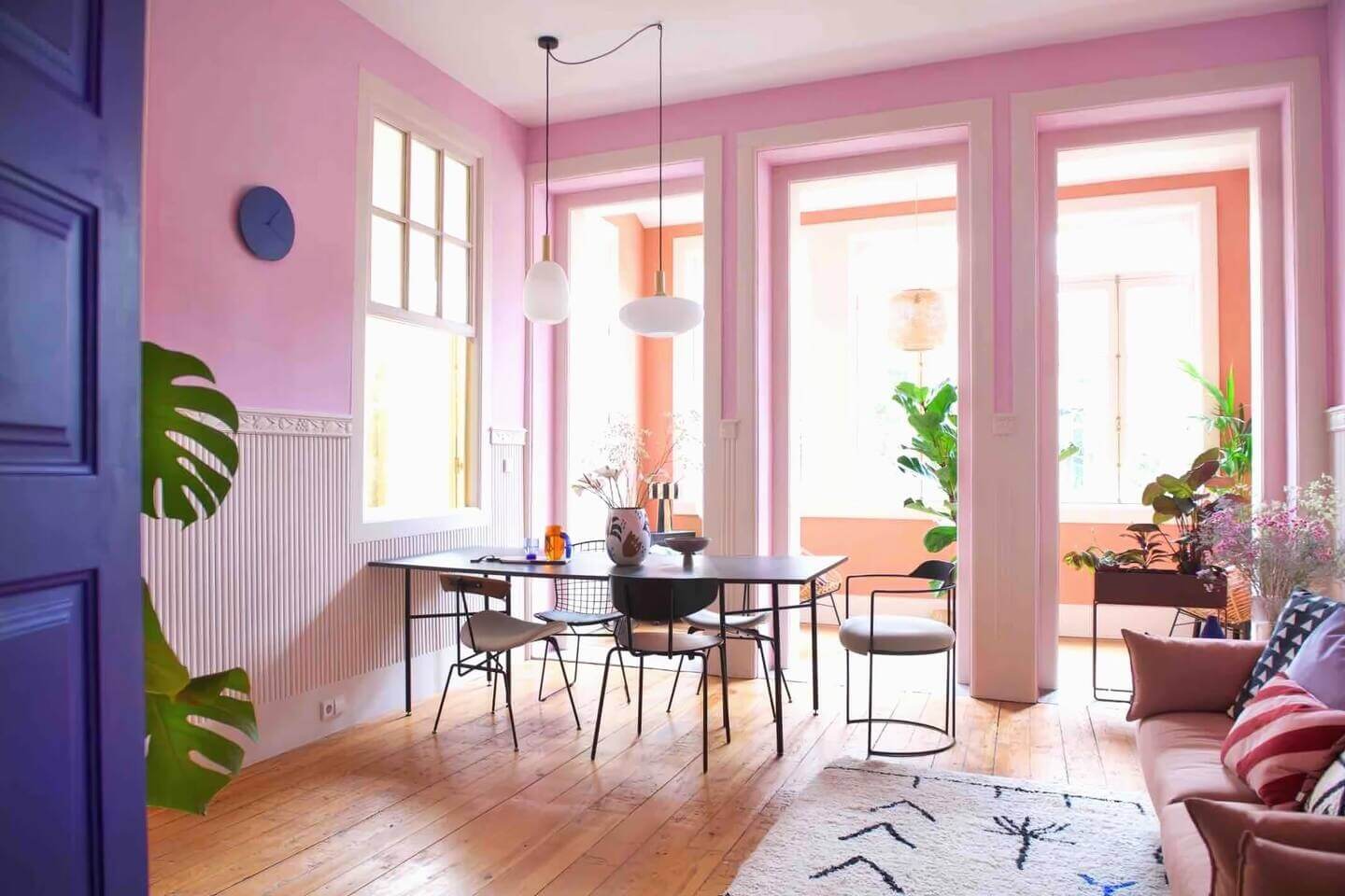 pink living room large windows