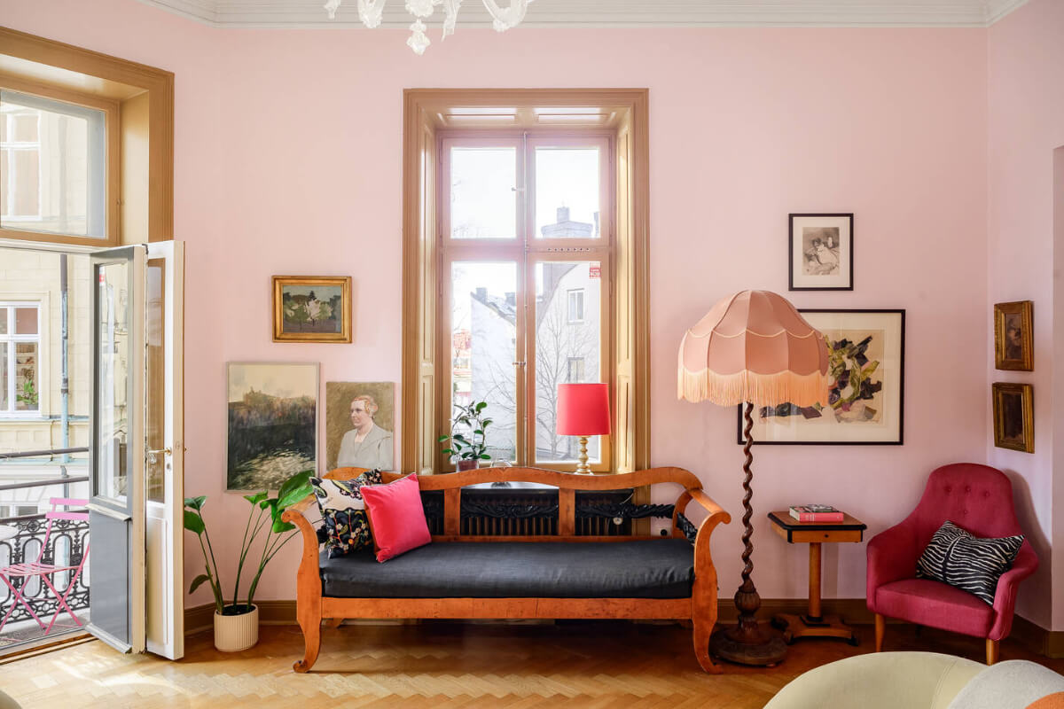 pink living room with balcony