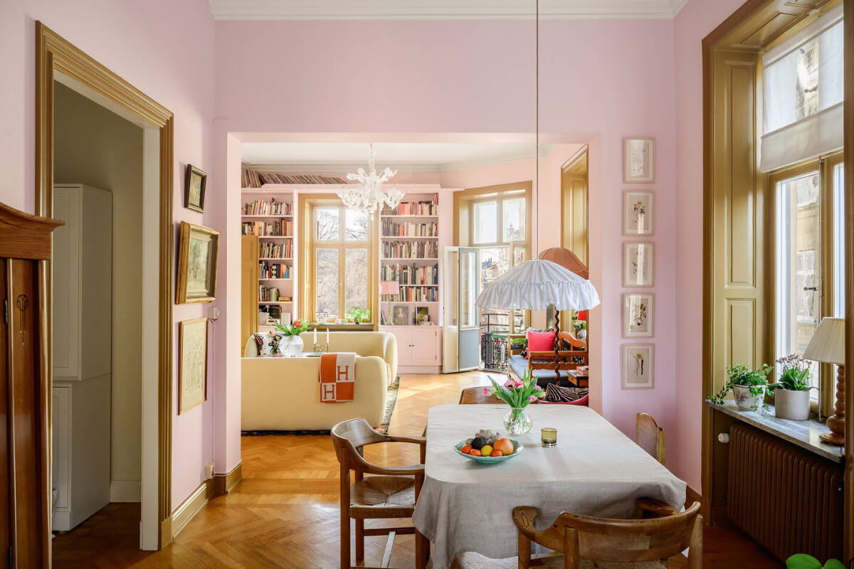 pink open-plan living room kitchen