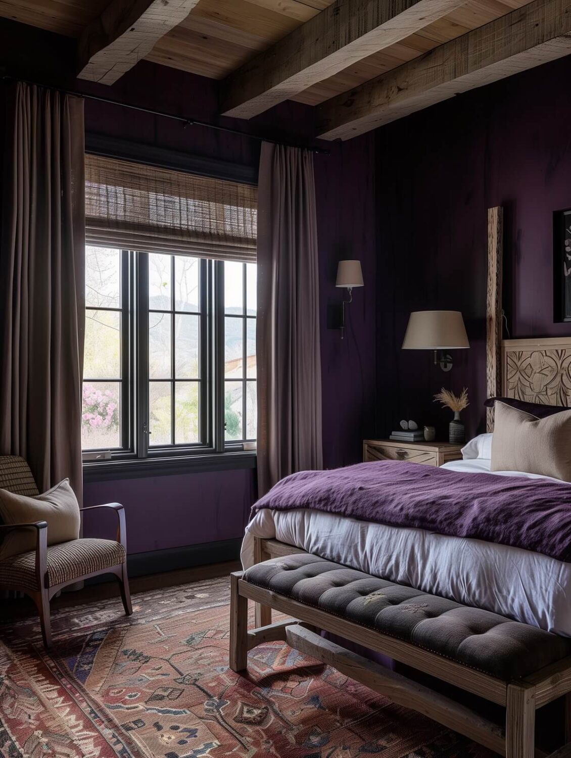 purple bedroom with wooden ceiling and large rug nordroom