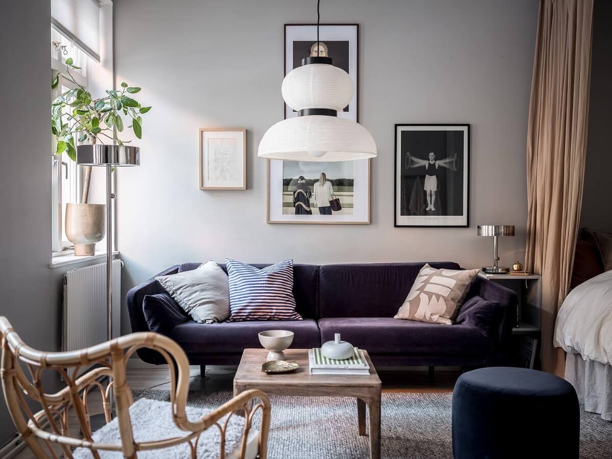 purple velvet sofa scandinavian studio apartment nordroom