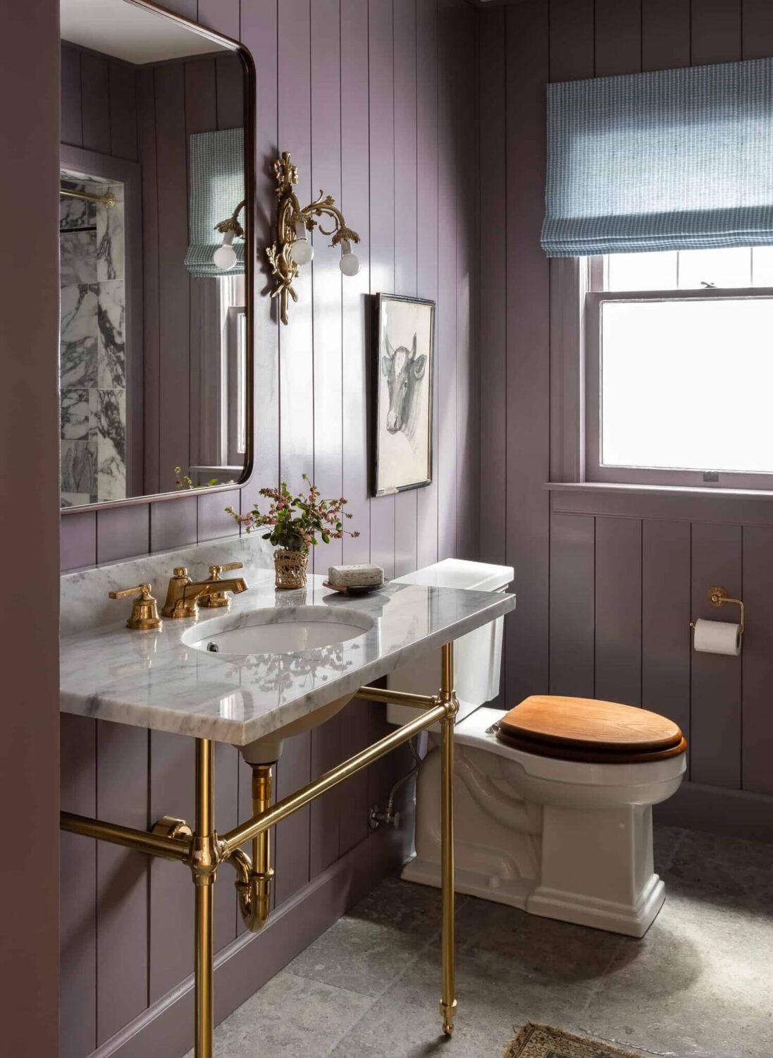 purplecladdedpowderroomwithmarblesinkindesignerHeidiCailliersWashingtonhome TheNordroom Benjamin Moore Color of the Year 2025: Cinnamon Slate