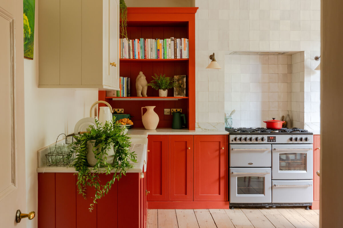 red kitchen open and closed cabinets zellige tiles