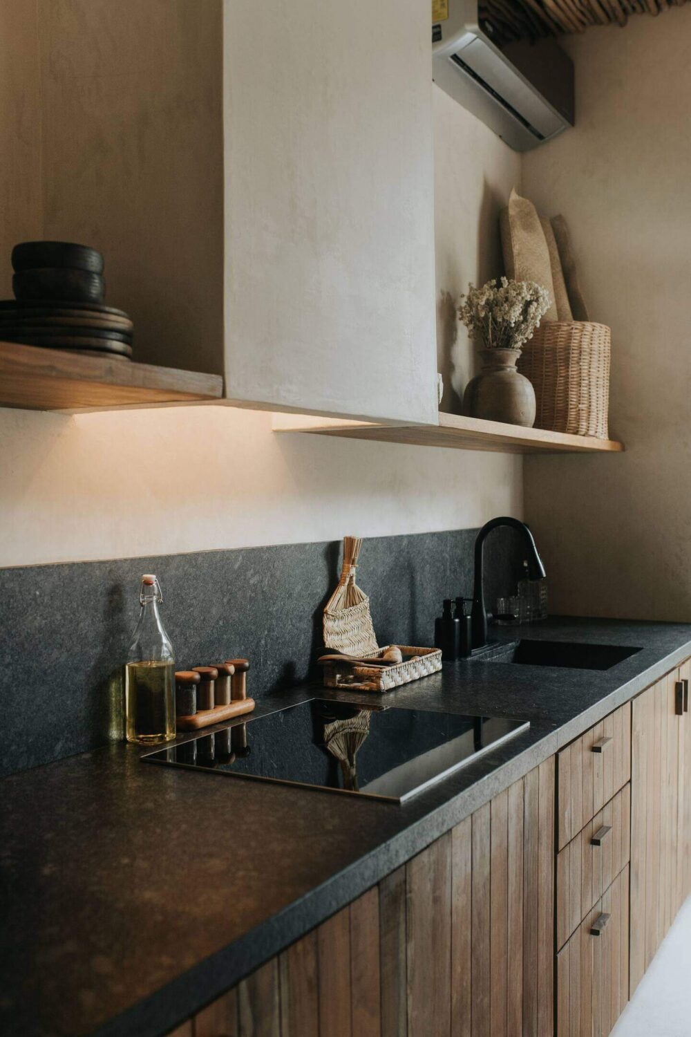 rustic-wooden-kitchen-black-worktop-airbnb-apartment-tulum-nordroom