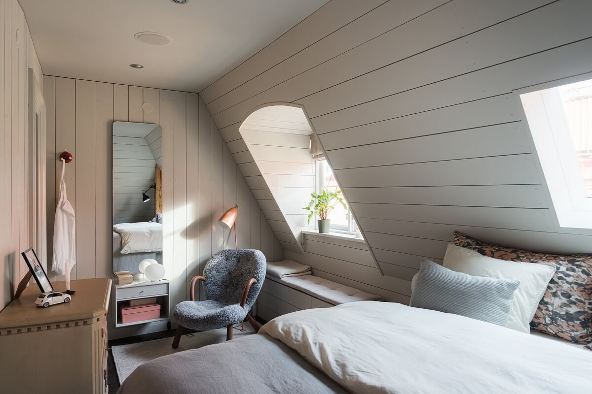 scandi bedroom slanted ceiling