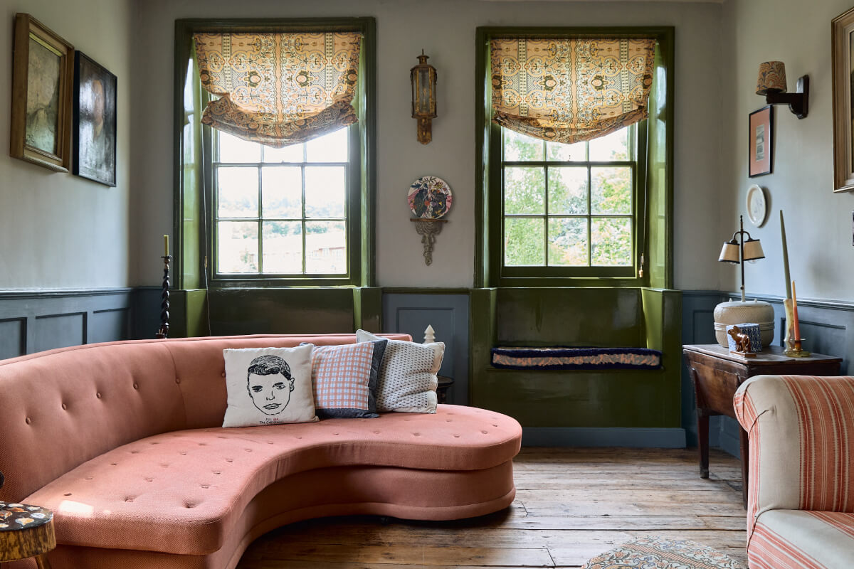 sitting room green window frames with window seats