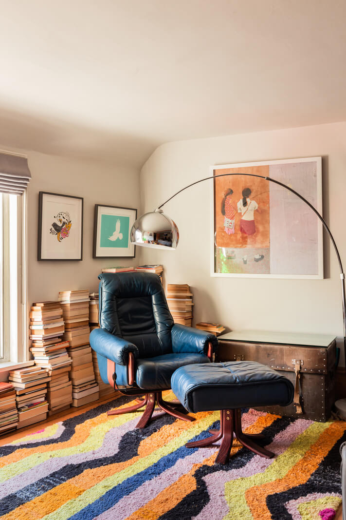 sitting room reading nook colorful rug