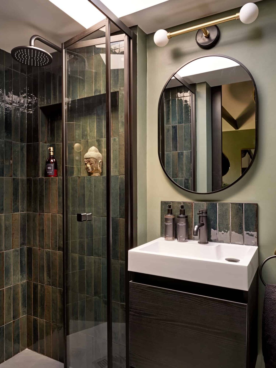 small bathroom with vertical shower tiles