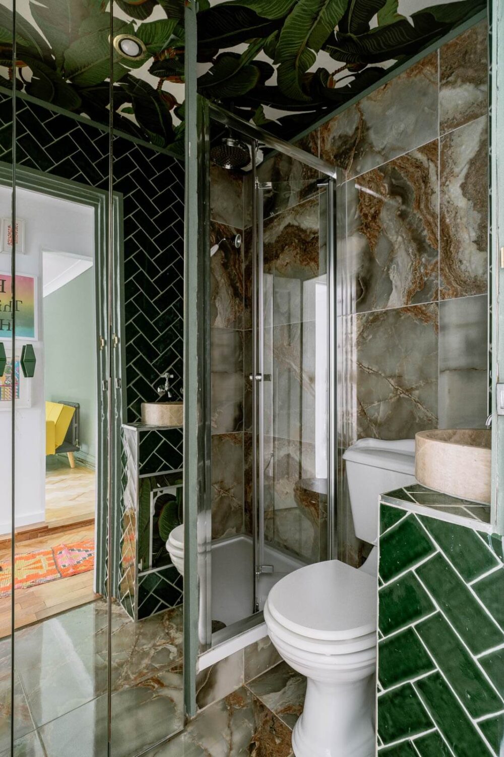 small bathroom with wallpaper on ceiling nordroom