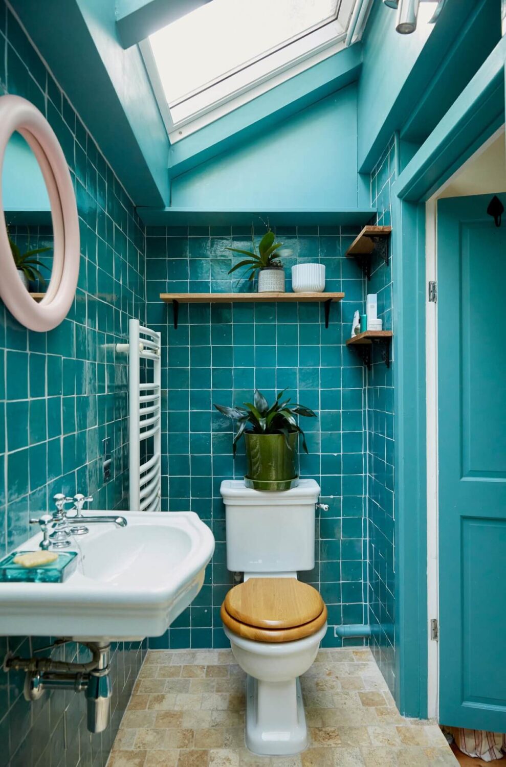 small blue bathroom with skylight nordroom