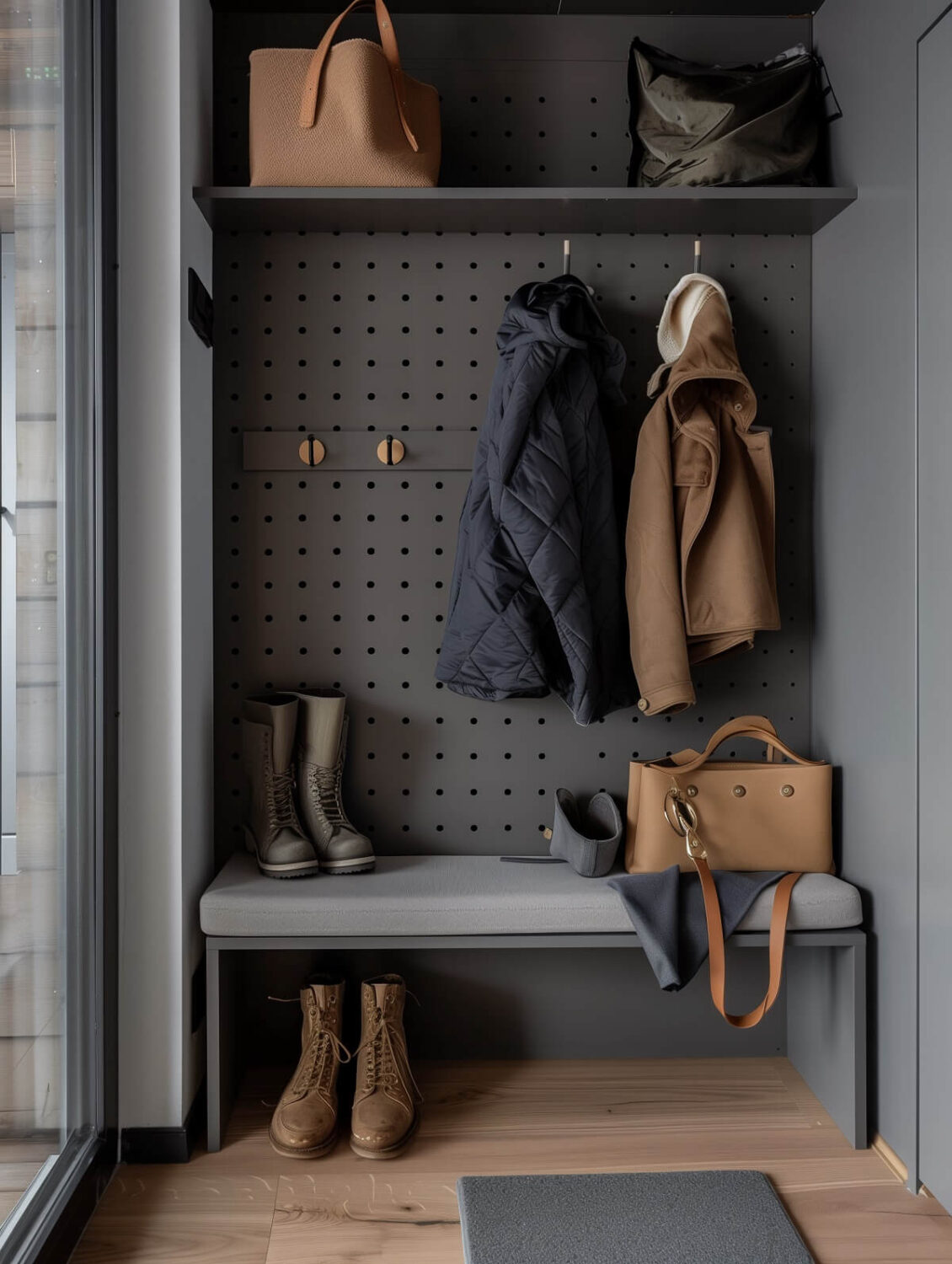 small gray entryway with pegboard wall and bench nordroom