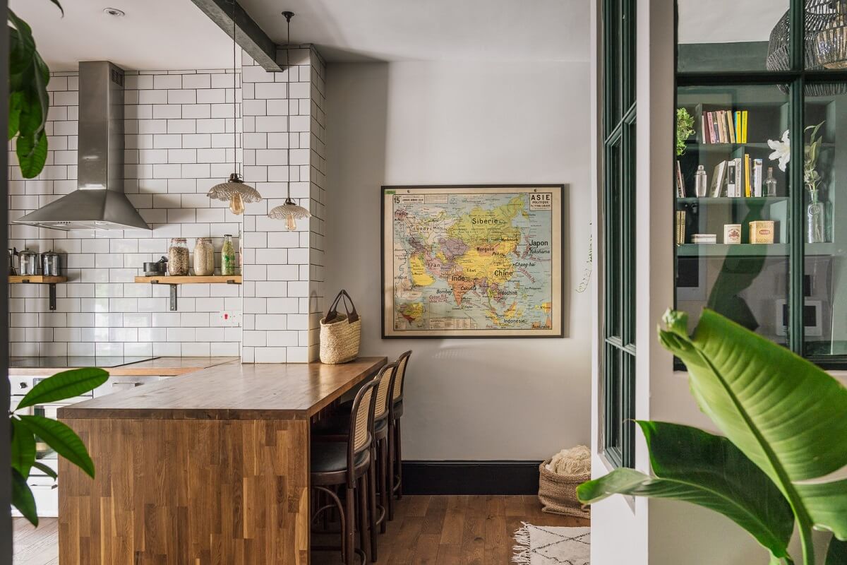 small open plan living space with kitchen bar seating