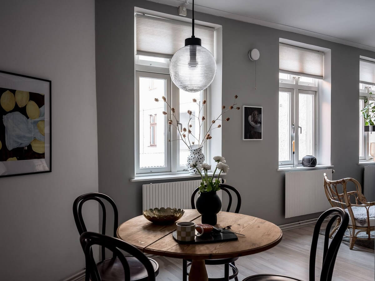 small round wooden dining table studio apartment nordroom