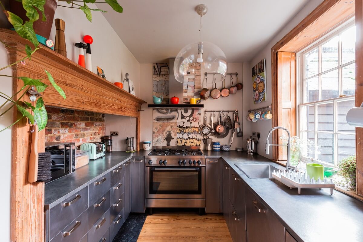 steel kitchen exposed wooden beam