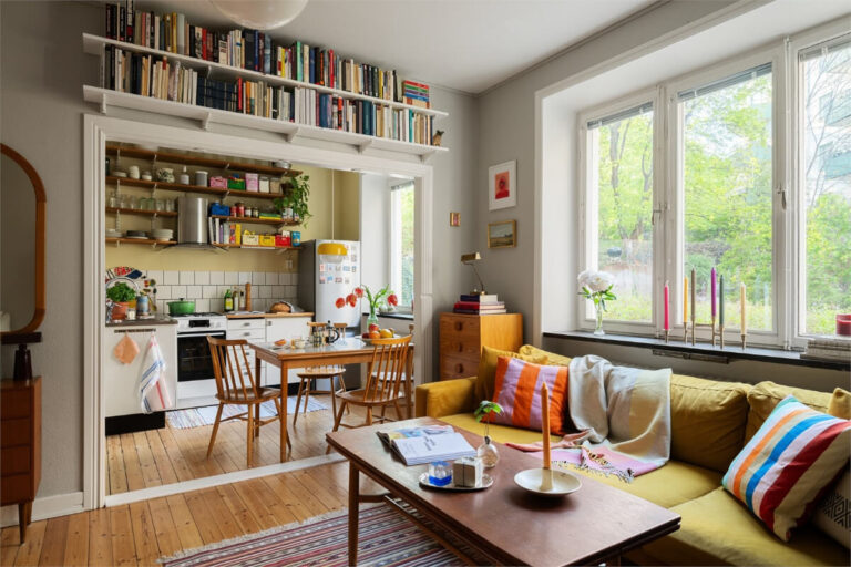 studio apartment bookshelves above the wide opening