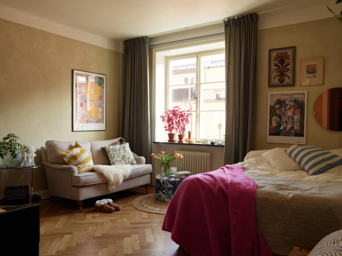 studio apartment earthy tones herringbone floor