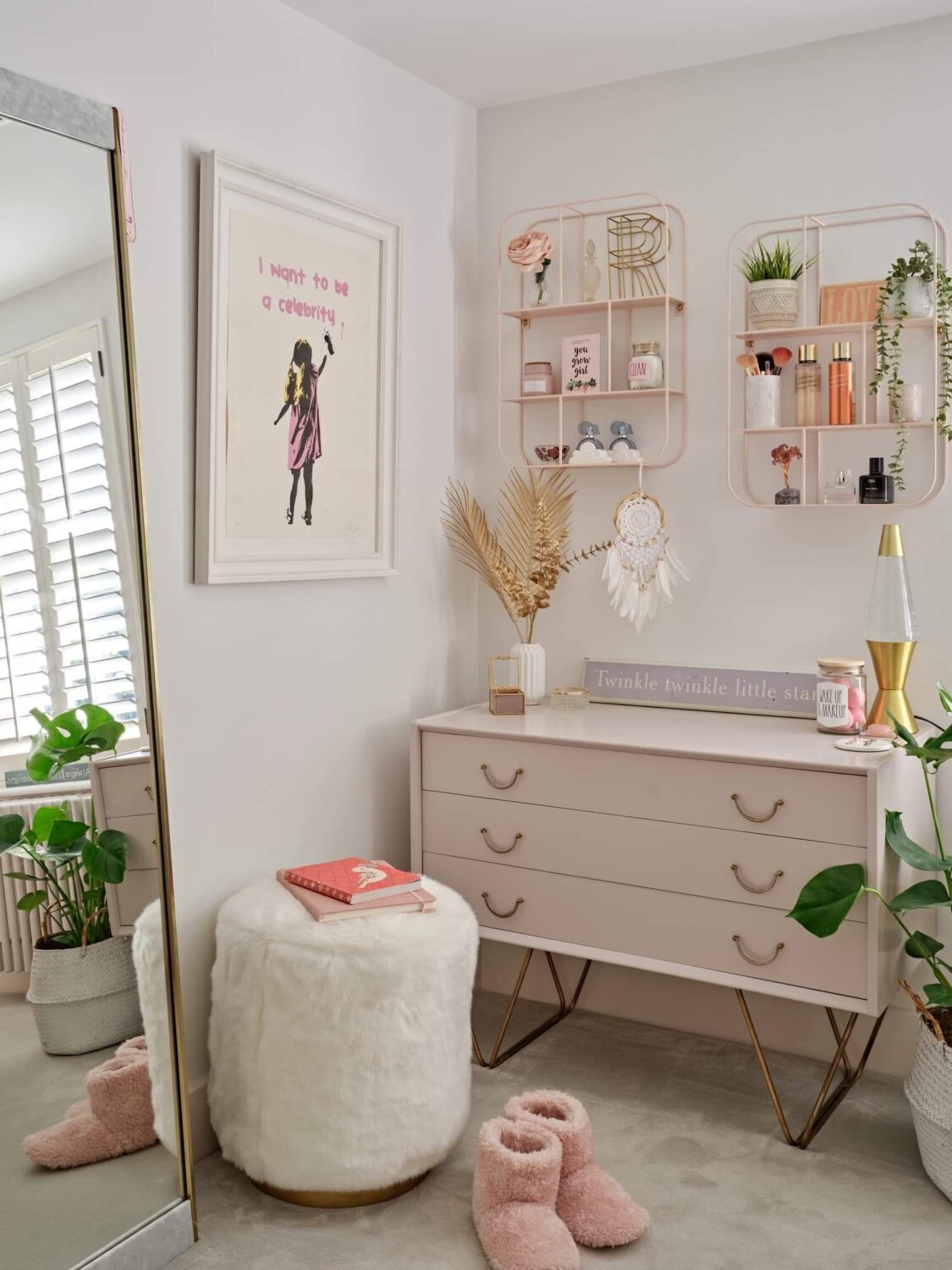 teenage bedroom with dresser and floor mirror