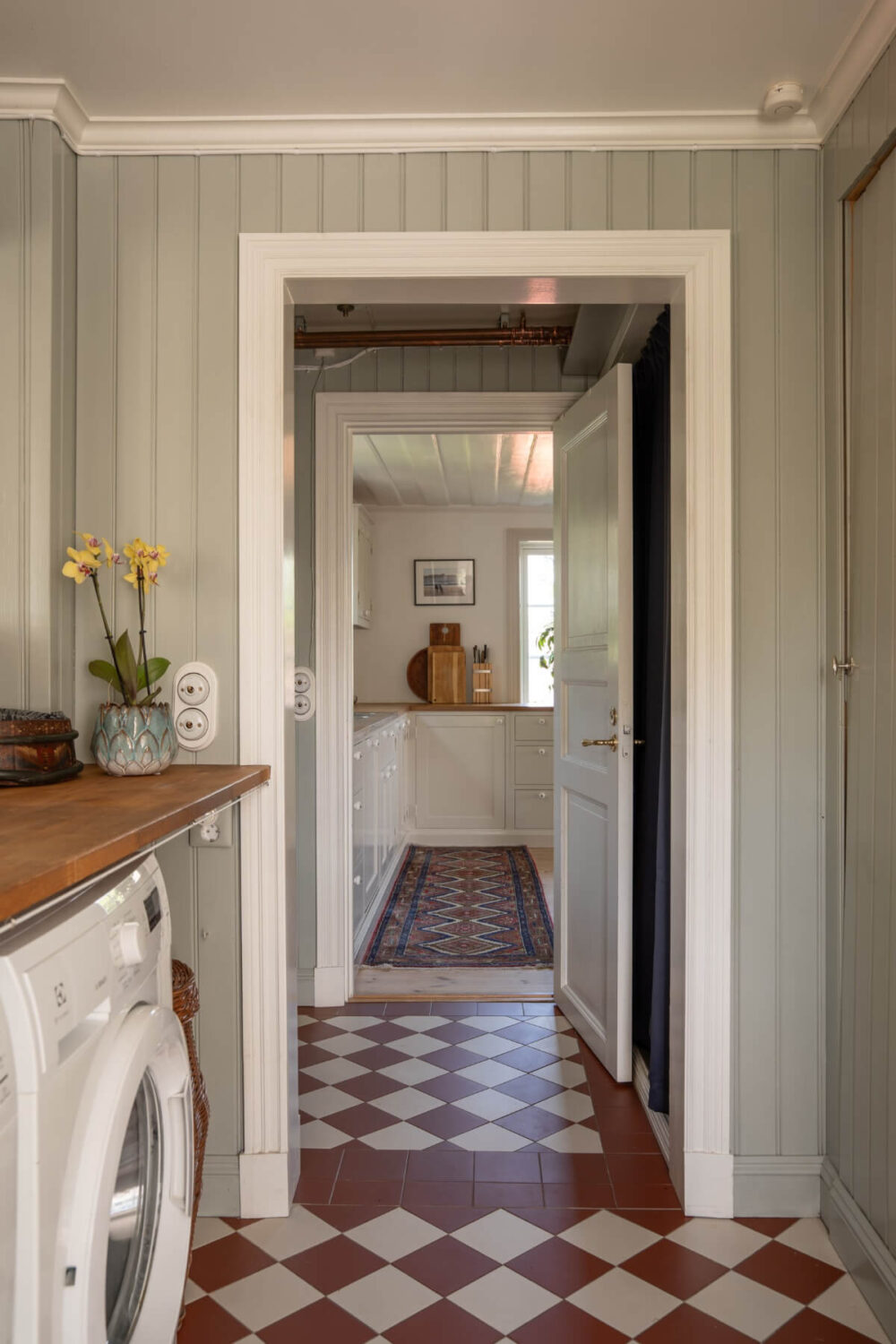 utility room red and white checkerboard floor
