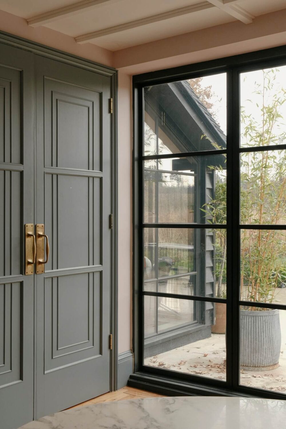 wooden doors and industrial glass windows