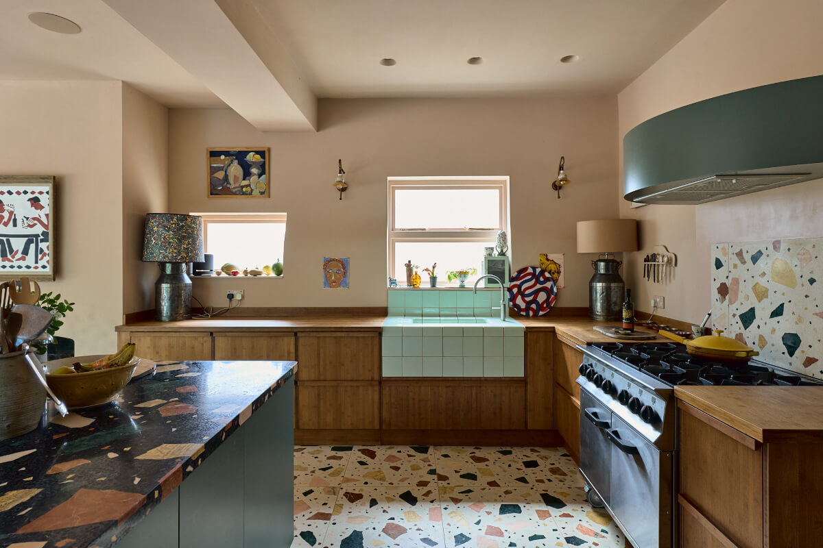 wooden kitchen terrazzo tiles backsplash